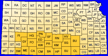Map of Kansas showing counties with wells available.