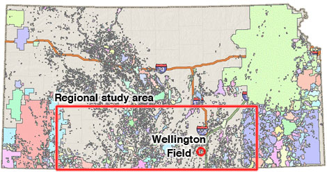 Map of Kansas oil and gas fields; model will parts of 12 counties in south-central Kansas.