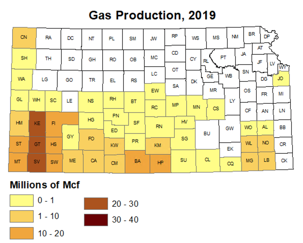 Gas production for each county, 2019.