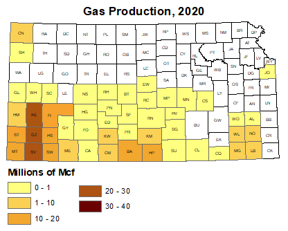 Gas production for each county, 2020.