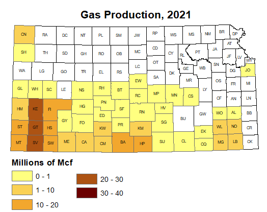 Gas production for each county, 2021.