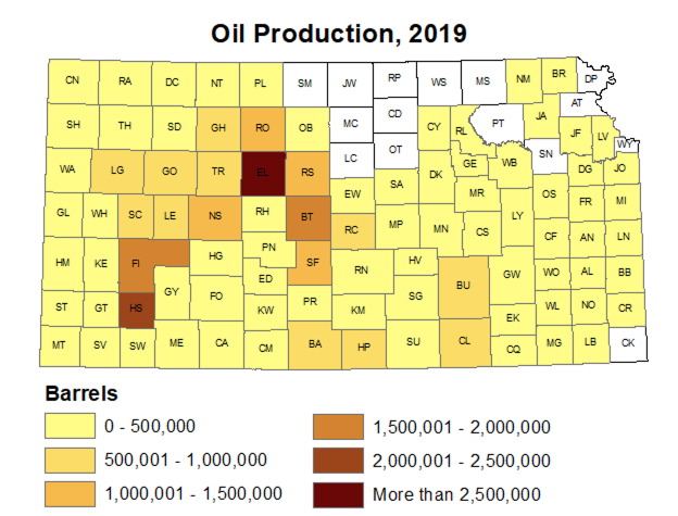 Oil production for each county, 2019.