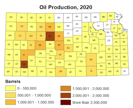 Oil production for each county, 2020.