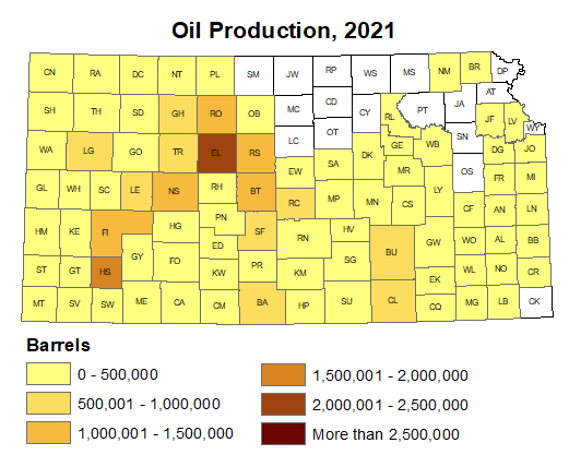 Oil production for each county, 2021.