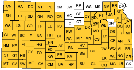 Map of Kansas showing county map status. Text links below.