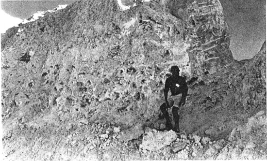 Black and white photo of reef, researcher sitting on reef for scale.