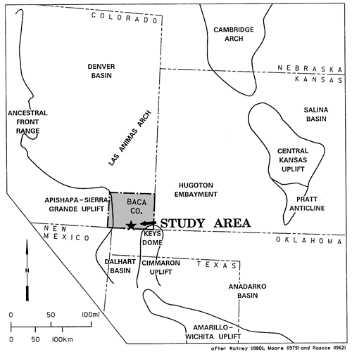 Study area in southeastern Colorado, south of Las Animas arch; west of Hugoton embayment, east of Apishapa-Sierra Grande uplift, north of Keyes dome.