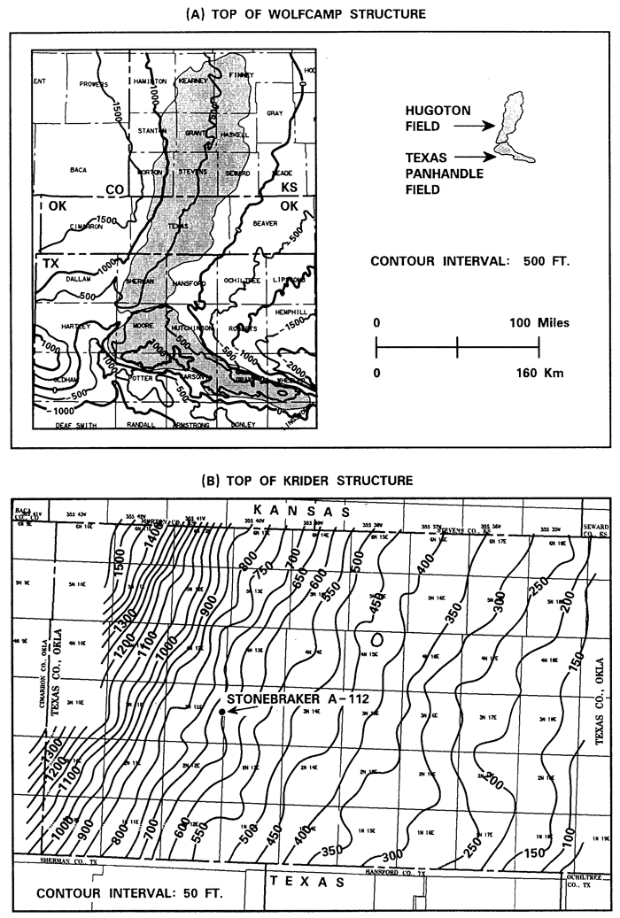 Two structure maps for Hugoton fields; top map is of Wolfcamp and lower map is of Krider.