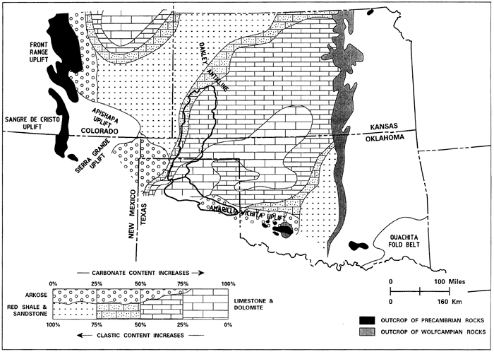 Map of Kansas, Oklahoma, and parts of Texas, New Mexico, and Colorado, showing carbonate and clastic rock percentages.