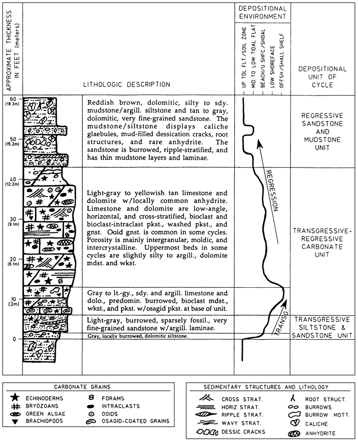 Typical thicknesses, lithology, depositional environment, and depositional cycle shown.