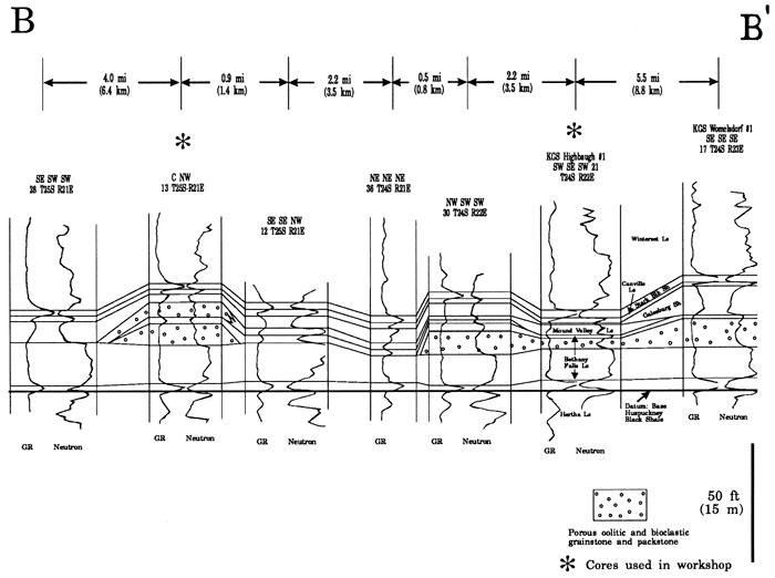 Cross section from well logs, northeast Allen County to northwest Bourbon County, focusing on porosity zones.