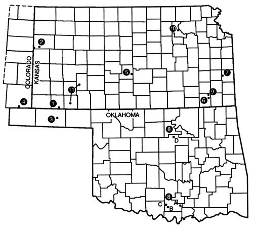 Map of Kansas and Oklahoma, with a small part of western Colorado.