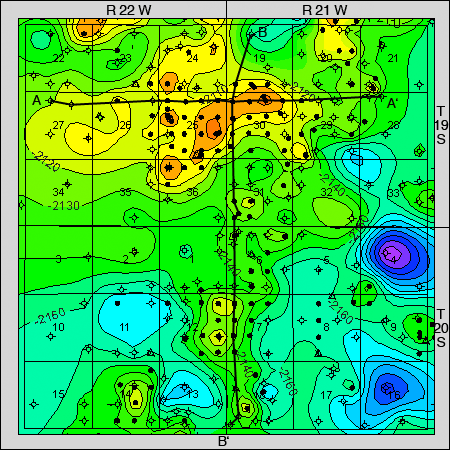 Map of Mississippian structure in Schaben field location, Ness County.