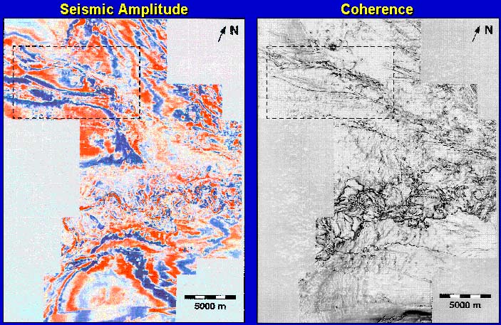 on left is seismic aplitude slice, on right is coherence