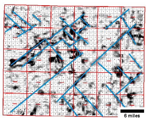 Trend lines mostly go NW-SE or NE-SW.