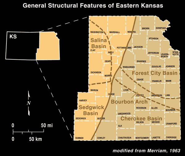 Forest City Basin is to north of Cherokee Basin; separated by Bourbon Arch