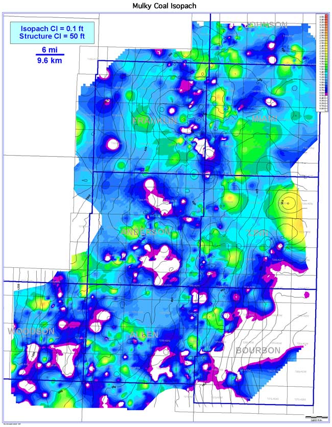 color isopach map of Mulky Coal