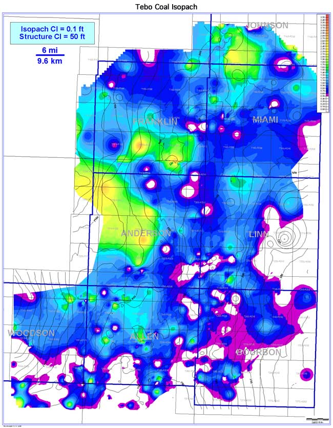 color isopach map of Tebo Coal