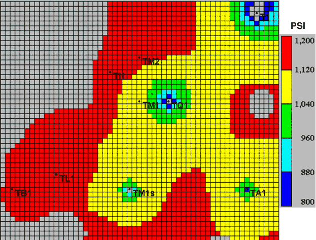 Lowest pressures near Thornburg M-1 and Q-1 wells; over 1,040 for most of area.
