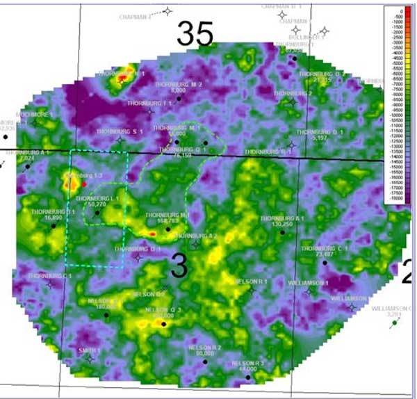 Seismic amplitude; shows higher producing areas, not necessarily structure.