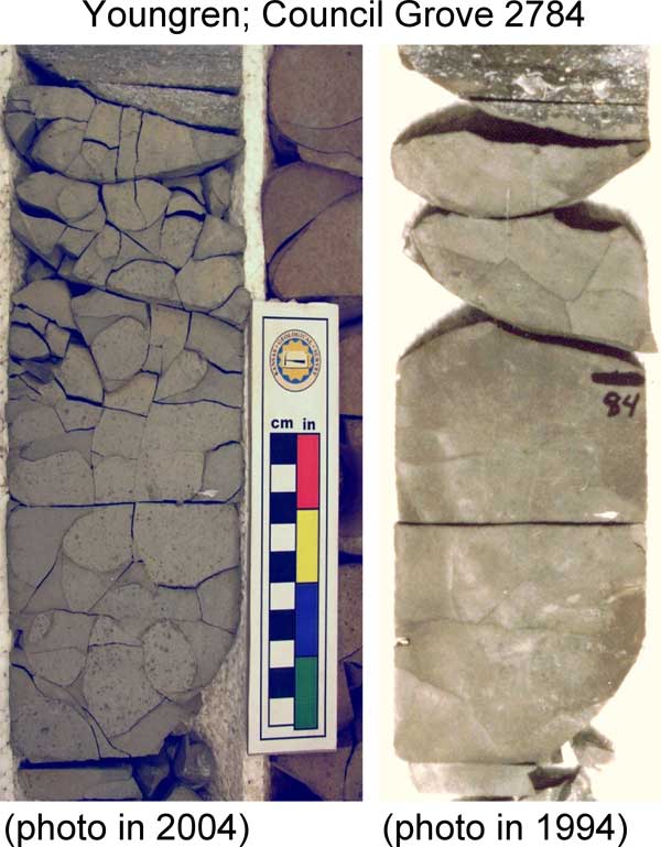 Core slab of Youngren core from 2784 feet; photos taken 10 years apart show expansion of microfractures due to handling and aging of core