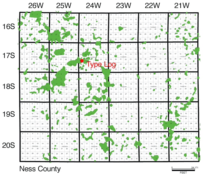 map of Ness County; type log is in northwest part of county