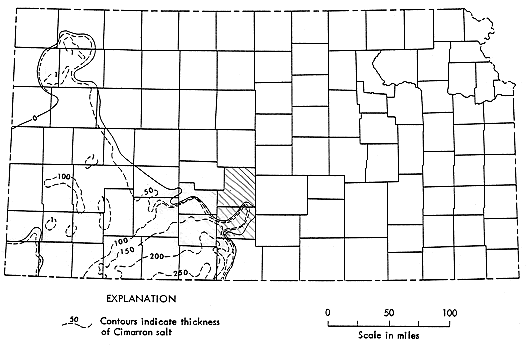 Map of Kansas showing Cimarron Salt countours in southwest Kansas.