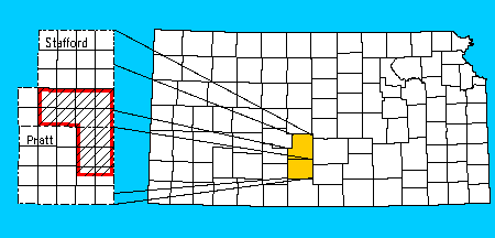 Map of Kansas showing location of Stafford and Pratt counties, south-central Kansas.
