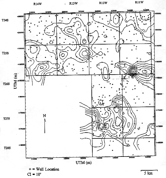 Positive residuals of linear trend analysis of the top of the Stone Corral Formation.