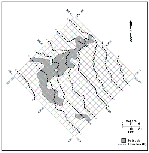 Grid of GPR stations with elevations and bedrock shown.