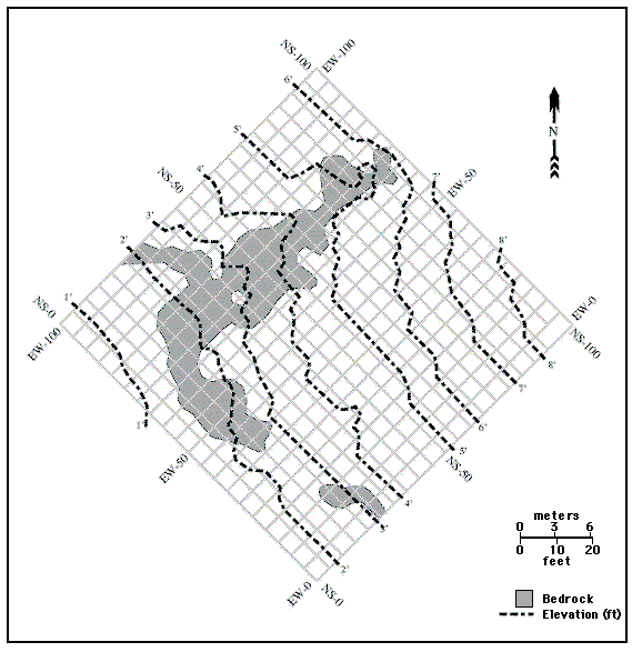 Grid of GPR stations with elevations and bedrock shown.