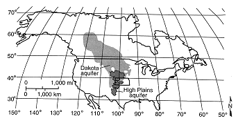 map of North American showing extent of Dakota and High Plains aquifers