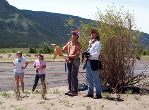 Photo showing authors flying kite near stream.