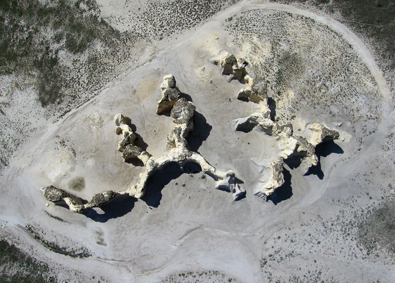 Photo from kite; view of chalk cliffs of Monument Rocks from directly above.
