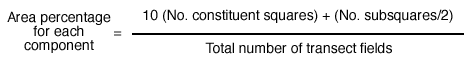 area percentage = 10 times number of squares plus half the number of subsquares, all divided by the total number of transect fields