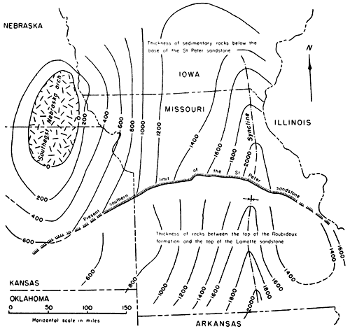 Thickest along syncline center in eastern Missouri; thins to west and Southeast Nebraska Arch.