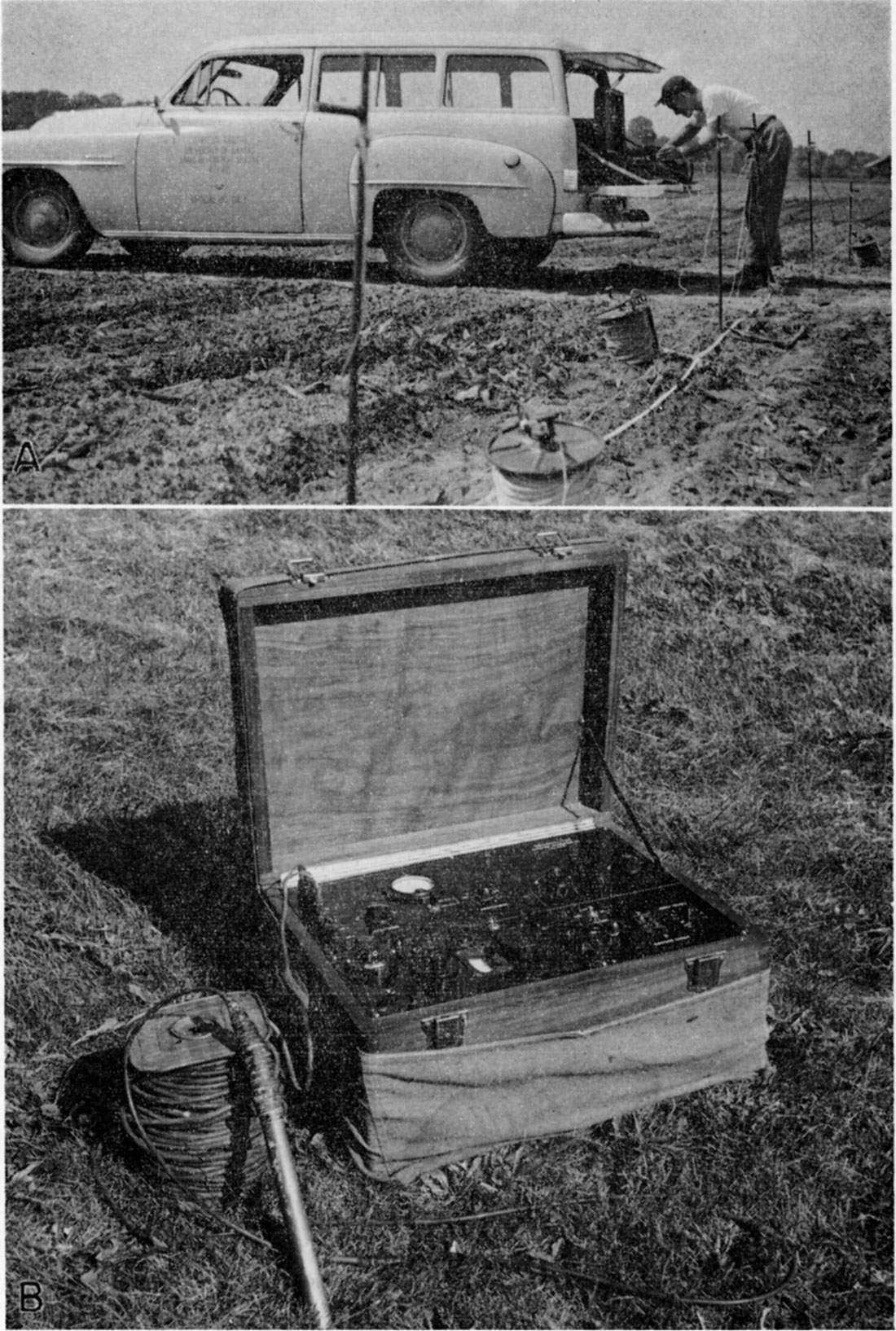 Two black ands white photos; top is set-up of resistivity equipment in field operation; bottom is electrical resistivity instrument and the logging device.