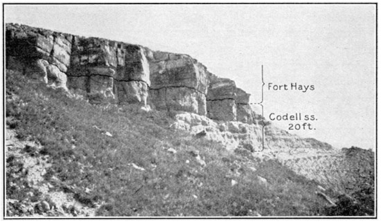 Black and white photo of Codell sandstone bed of Blue Hill shale member of Carlile shale.