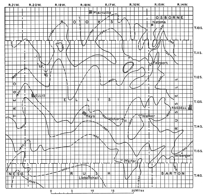 Reconnaissance structural contour map of Ellis County, Kansas.