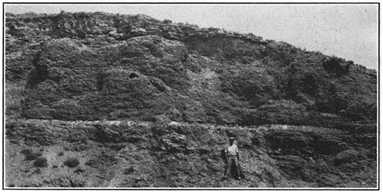 Black and white photo of Graneros shale capped by basal beds of Lincoln limestone member of Greenhorn limestone.
