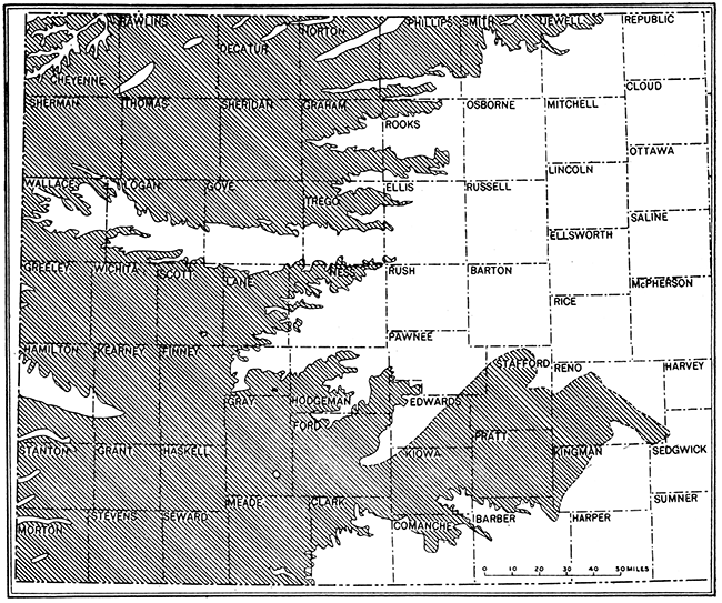 Map of western Kansas, showing areas covered by Tertiary rocks.