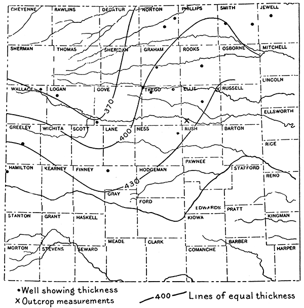 Map of western Kansas showing combined thickness of Carlile shale, Greenhorn limestone and Graneros shale