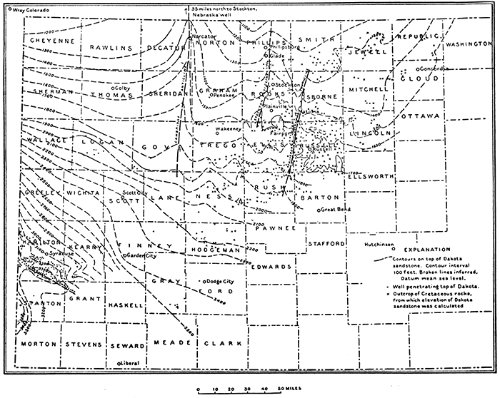 Map of western Kansas showing structure of the Dakota sandstone.