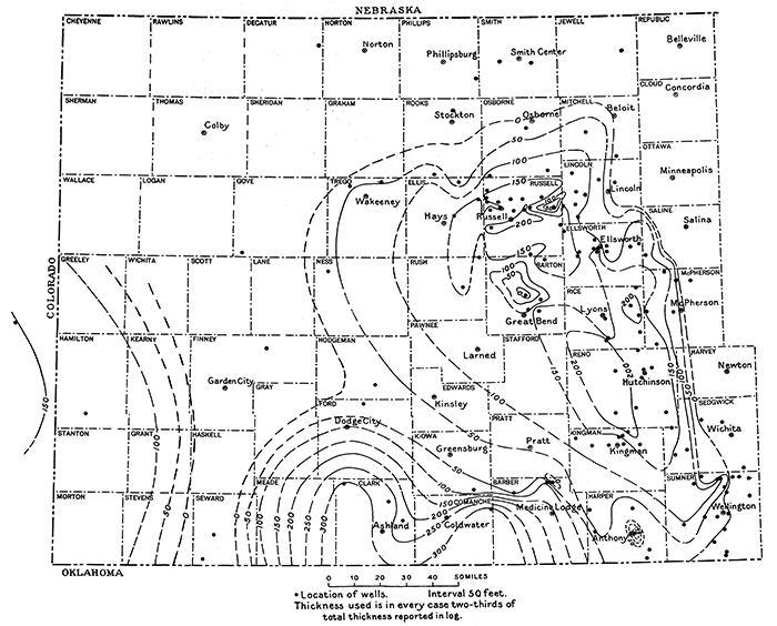 Isopachus map showing thickness of salt in western Kansas.