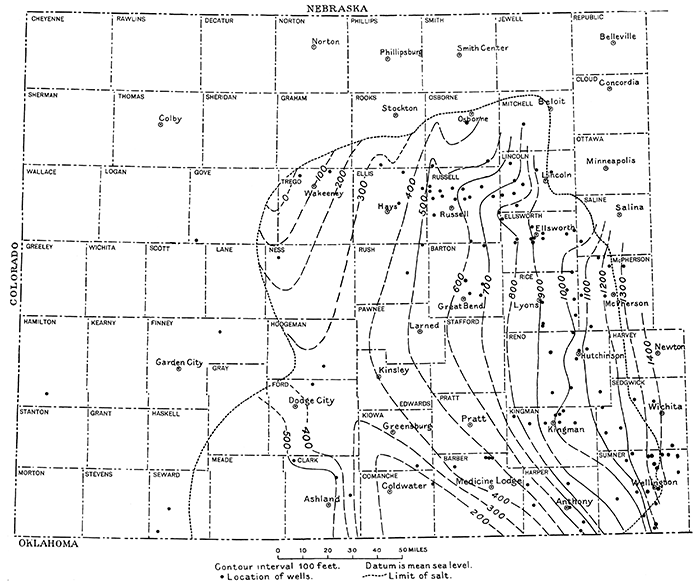 Attitude of top of salt beds of Wellington formation in western Kansas.