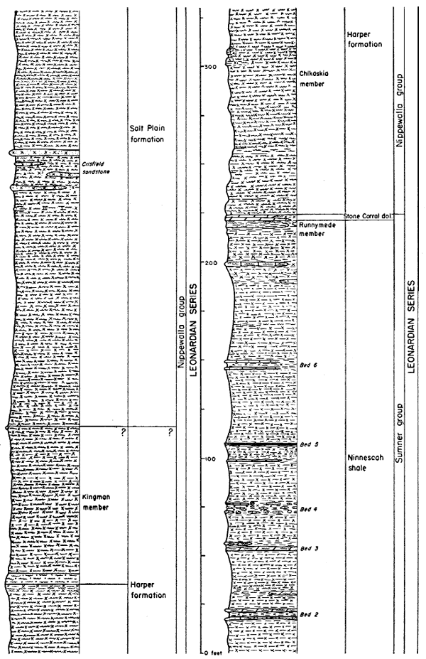 Leonardian Series, from top: Salt Plain Fm, Harper Fm, Stone Corral dol., Ninnescah Sh.