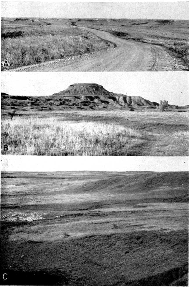 three black and white photos; gravel road in low relief grassland; flat-topped mesa, steep sides, grasses in foreground; gentle topography, some rocks visble through grasses