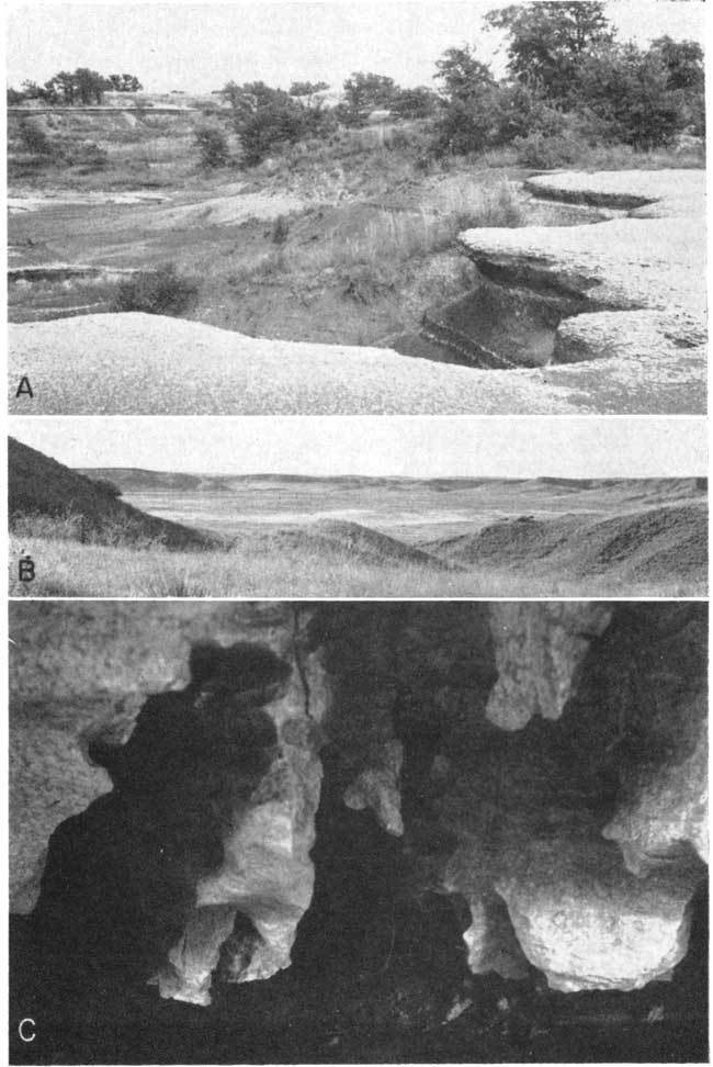 three black and white photos; thin resistant top of unit above erosion from nearby stream; large shallow basin surrounded by gentle hills; solution features