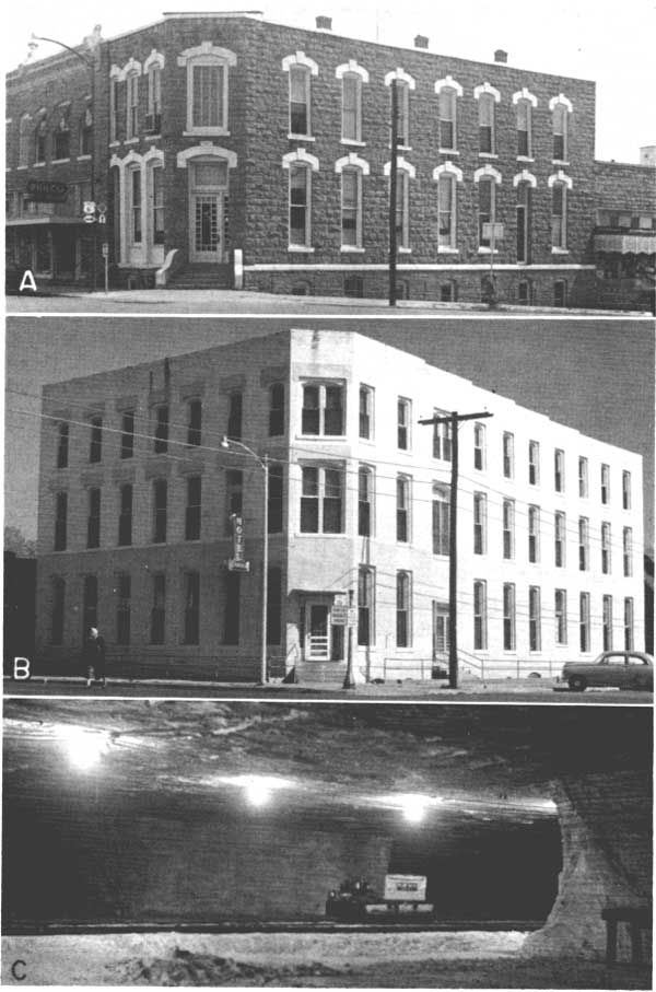 Three black and white photos; two-story stone building with basement, on corner; three story white brick building on corner; room in salt mine, pillar in foreground, lights on roof above train track