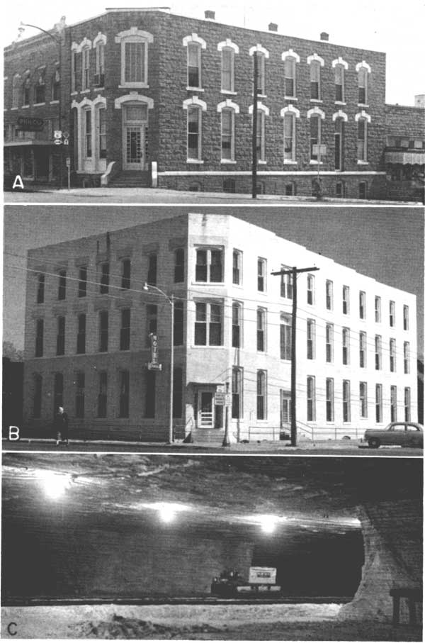 Three black and white photos; two-story stone building with basement, on corner; three story white brick building on corner; room in salt mine, pillar in foreground, lights on roof above train track